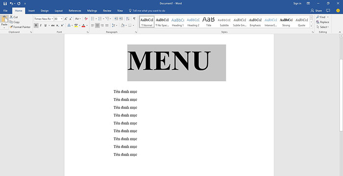 Tiêu đề ấn tượng cho menu - cách thiết kế menu bằng word